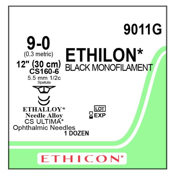 J&J Dental Suture 9-0 Nylon Cs160-6/Cs160-6 Ethilon Black 12" Double Arm Monofilament 12/Bx - 9011G