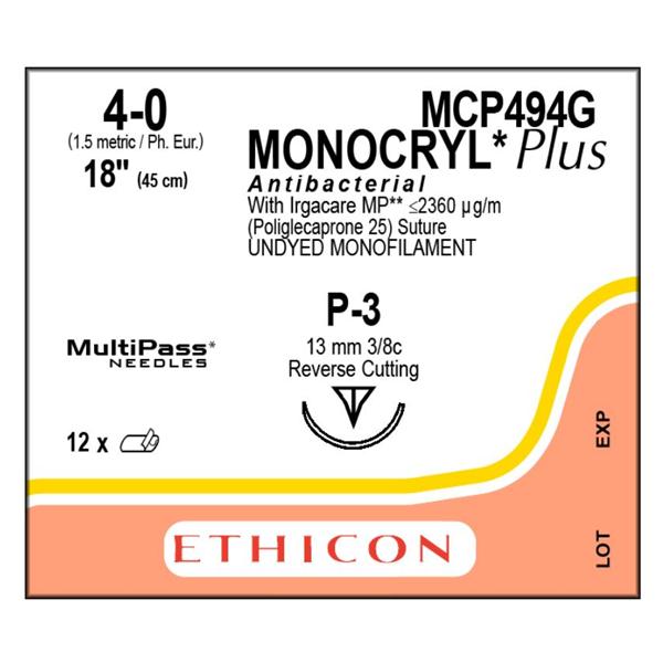 Ethicon Inc,a J & J Company Suture 4-0 Tcs/Pcl25 P-3 Monocryl Plus Undyed 18" Monofilament 12/Bx - MCP494G