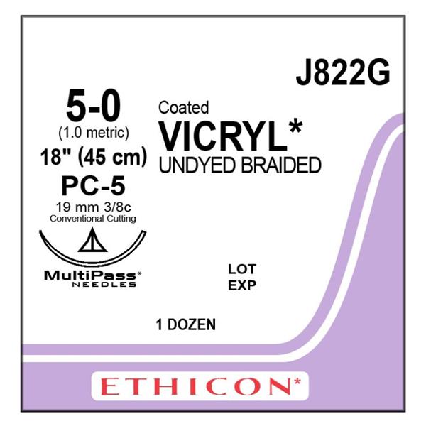 Ethicon Inc,a J & J Company Suture 5-0 Triclosan/Polyglactin 910 Pc-5 Vicryl Plus Undyed 1X18" Braid 12/Bx - J822G