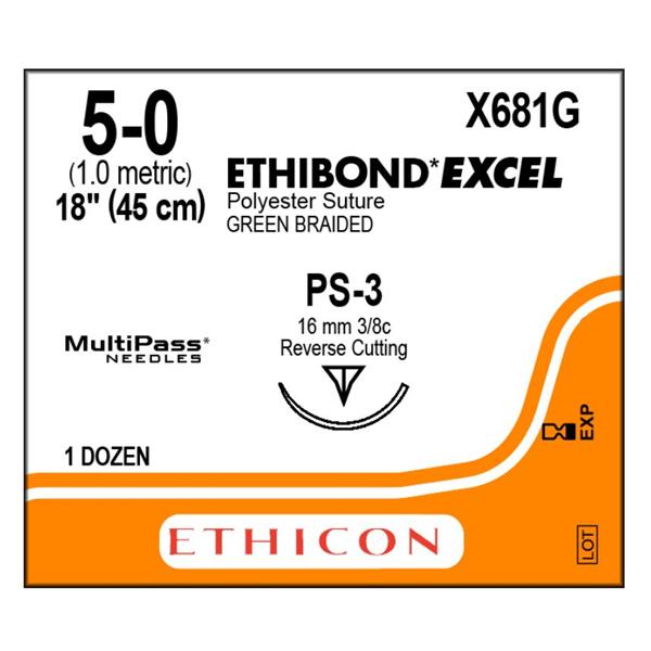 Ethicon Inc,a J & J Company Suture 5-0 Polyester Ps-2 Ethibond Excel Green 18" Braid 12/Bx - X681G