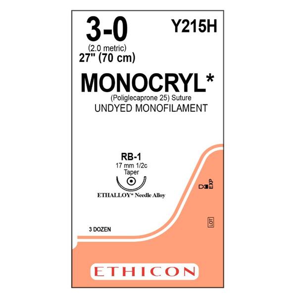 Ethicon Inc,a J & J Company Suture 3-0 Poliglecaprone 25 Rb-1 Monocryl Undyed 27" Monofilament 36/Bx - Y215H