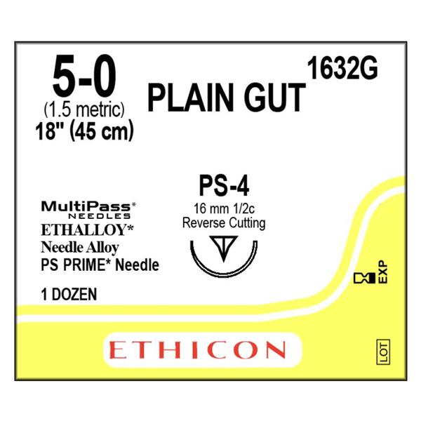 Ethicon Inc,a J & J Company Suture 5-0 Plain Gut Ps-4 Yellowish Tan 1X18" Monofilament 12/Bx - 1632G