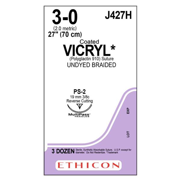 Ethicon Inc,a J & J Company Suture 3-0 Polyglactin 910 Ps-2 Vicryl Undyed 27" Braid 36/Bx - J427H