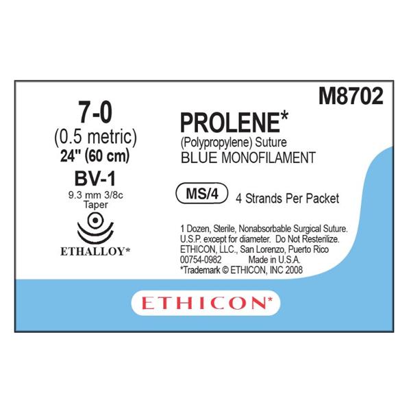 Ethicon Inc,a J & J Company Suture 7-0 Pp Bv-1/Bv-1 Prolene Blue 4-24" Double Arm Monofilament 12/Bx - M8702