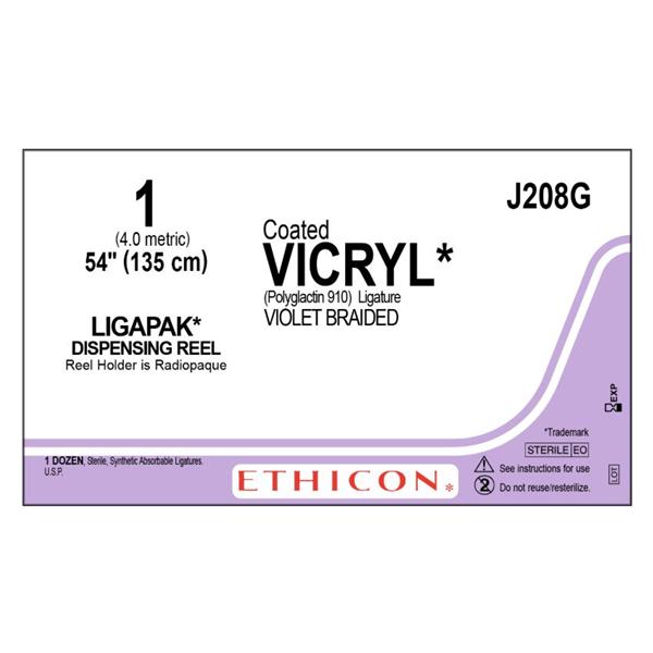 Ethicon Inc,a J & J Company Suture 1 Polyglactin 910 No Needle Vicryl Violet 54" Braid 12/Bx - J208G