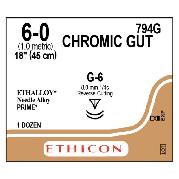 Ethicon Inc,a J & J Company Suture 6-0 Chromic Gut G-6/G-6 Brown 1X18" Double Arm Monofilament 12/Bx - 794G
