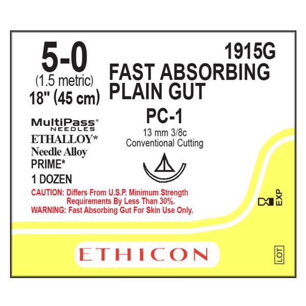 Ethicon Inc,a J & J Company Suture 5-0 Plain Gut Pc-1 Yellowish Tan 1X18" Monofilament 12/Bx - 1915G