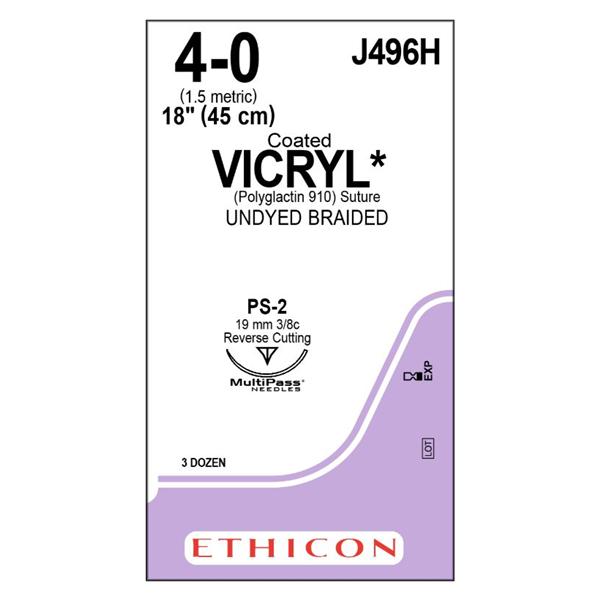 Ethicon Inc,a J & J Company Suture 4-0 Polyglactin 910 Ps-2 Vicryl Undyed 18" Braid 36/Bx - J496H