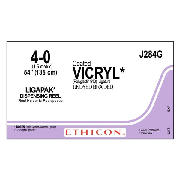 Ethicon Inc,a J & J Company Suture 4-0 Polyglactin 910 No Needle Vicryl Undyed 54" Braid 12/Bx - J284G