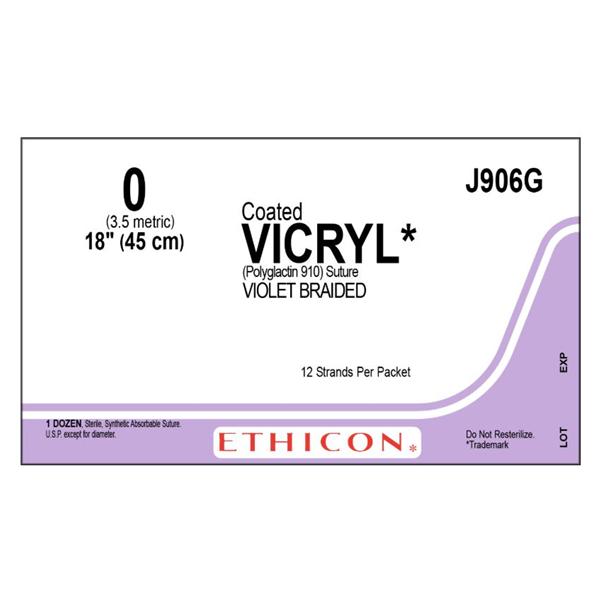 Ethicon Inc,a J & J Company Suture 0 Polyglactin 910 No Needle Vicryl Violet 12-18" Braid 12/Bx - J906G