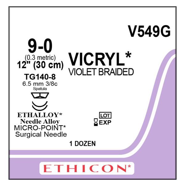 Ethicon Inc,a J & J Company Suture 9-0 Pg910 Tg140-8/Tg140-8 Vicryl Violet 12" Double Arm Braid 12/Bx - V549G