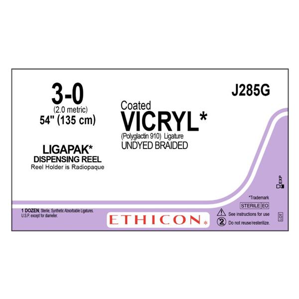Ethicon Inc,a J & J Company Suture 3-0 Polyglactin 910 No Needle Vicryl Undyed 54" Braid 12/Bx - J285G