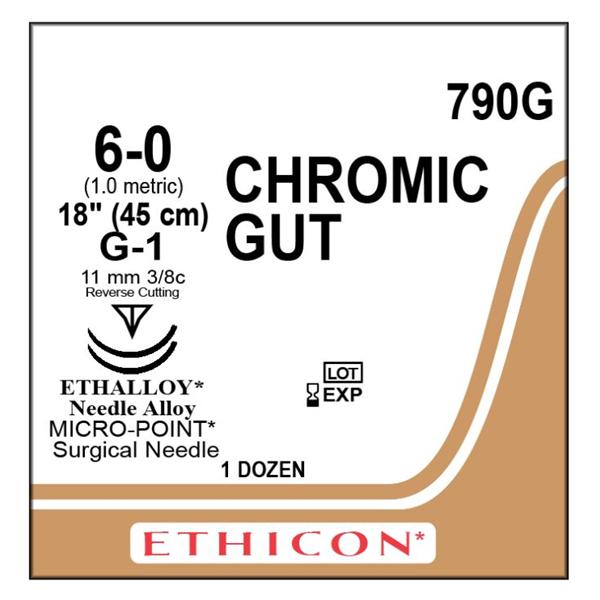 Ethicon Inc,a J & J Company Suture 6-0 Chromic Gut G-1/G-1 Brown 1X18" Double Arm Monofilament 12/Bx - 790G