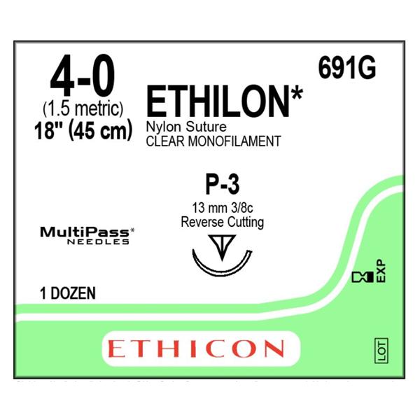 Ethicon Inc,a J & J Company Suture 4-0 Nylon P-3 Ethilon Undyed 1X18" Monofilament 12/Bx - 691G