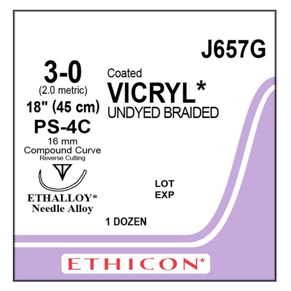 J&J Dental Suture 3-0 Polyglactin 910 Ps-4C Vicryl Undyed 18" Braid 12/Bx - J657G