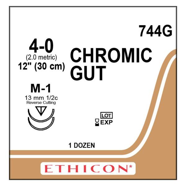 Ethicon Inc,a J & J Company Suture 4-0 Chromic Gut M-1/M-1 Brown 1X12" Double Arm Monofilament 12/Bx - 744G