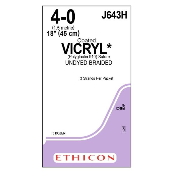 Ethicon Inc,a J & J Company Suture 4-0 Polyglactin 910 No Needle Vicryl Undyed 18" Braid 36/Bx - J643H