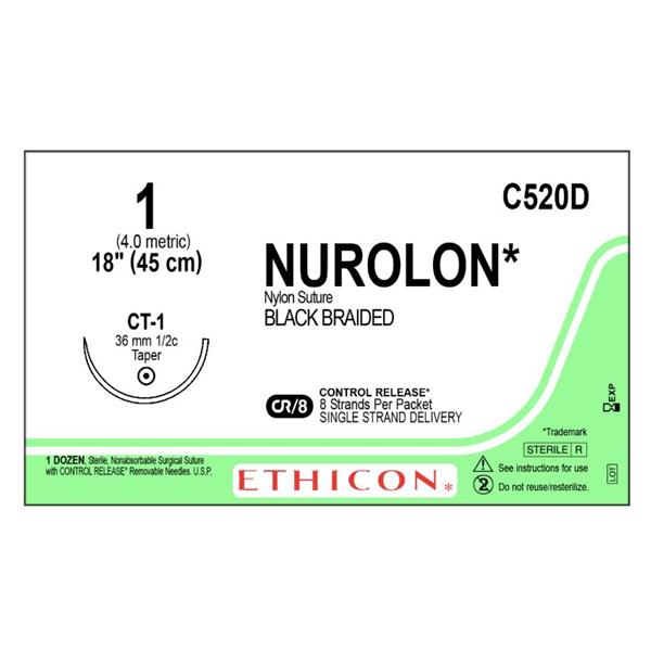 Ethicon Inc,a J & J Company Suture 1 Nylon Ct-1 Nurolon Black 8-18" Braid 12/Bx - C520D