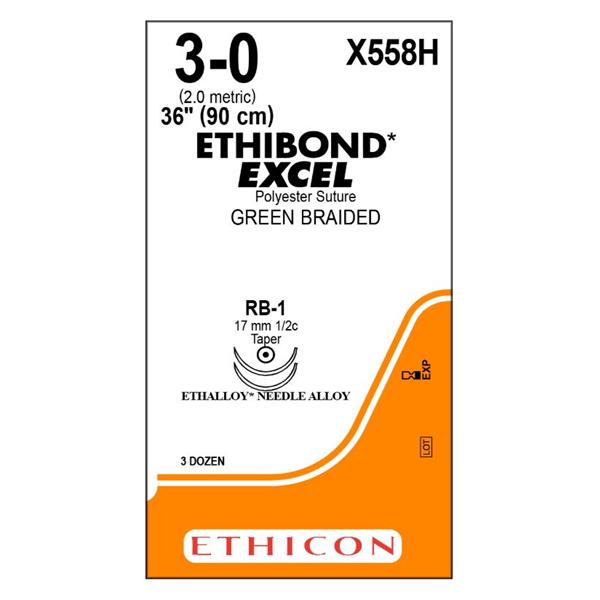 Ethicon Inc,a J & J Company Suture 3-0 Polyester Rb-1/Rb-1 Ethibond Excel Green 36" Double Arm Braid Bx - X558H
