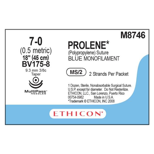 Ethicon Inc,a J & J Company Suture 7-0 Pp Bv175-8/Bv175-8 Prolene Blue 2-18" Double Arm Monofilament 12/Bx - M8746