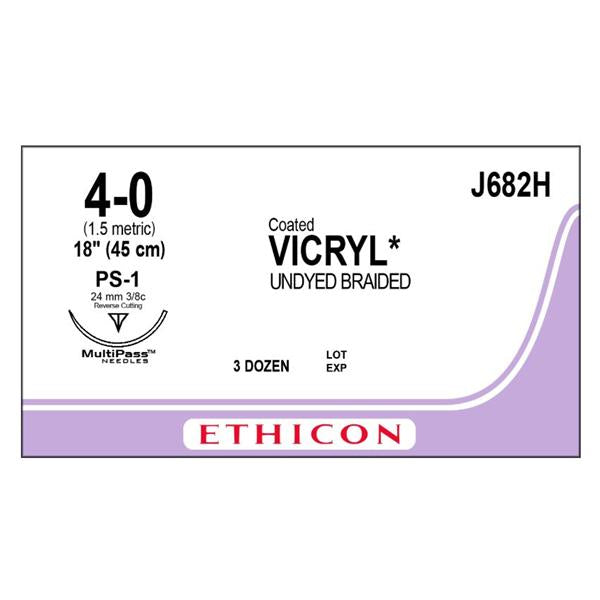 Ethicon Inc,a J & J Company Suture 4-0 Polyglactin 910 Ps-1 Vicryl Undyed 18" Braid 36/Bx - J682H