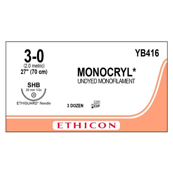 Ethicon Inc,a J & J Company Suture 3-0 Poliglecaprone 25 Shb Monocryl Undyed 27" Monofilament 36/Bx - YB416
