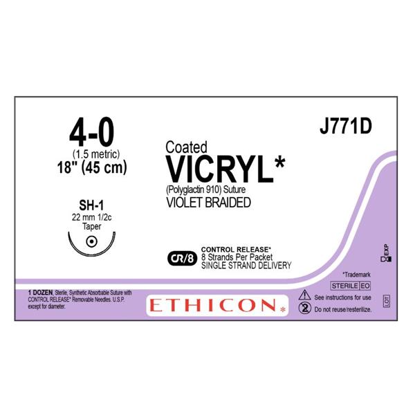 Ethicon Inc,a J & J Company Suture 4-0 Polyglactin 910 Sh-1 Vicryl Violet 8-18" Braid 12/Bx - J771D
