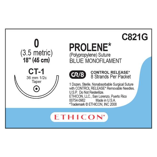 Ethicon Inc,a J & J Company Suture 0 Polypropylene Ct-1 Prolene Blue 18" Monofilament 12/Bx - C821G
