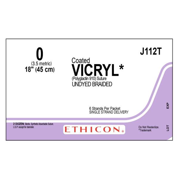 Ethicon Inc,a J & J Company Suture 0 Polyglactin 910 No Needle Vicryl Undyed 6-18" Braid 24/Bx - J112T