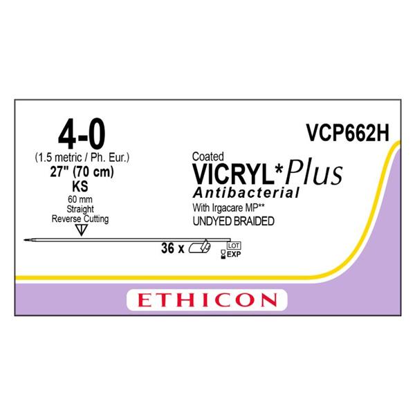 Ethicon Inc,a J & J Company Suture 4-0 Triclosan/Polyglactin 910 Ks Vicryl Plus Undyed 27" Braid 36/Bx - VCP662H