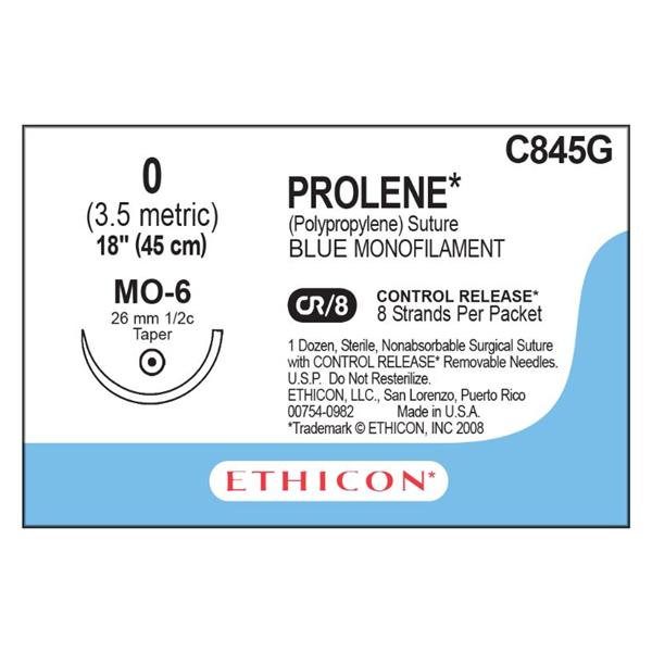 Ethicon Inc,a J & J Company Suture 0 Polypropylene Mo-6 Prolene Blue 8-18" Monofilament 12/Bx - C845G