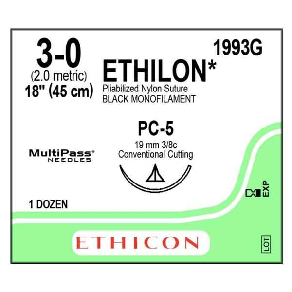 Ethicon Inc,a J & J Company Suture 3-0 Nylon Pc-5 Ethilon Black 18" Monofilament 12/Bx - 1993G