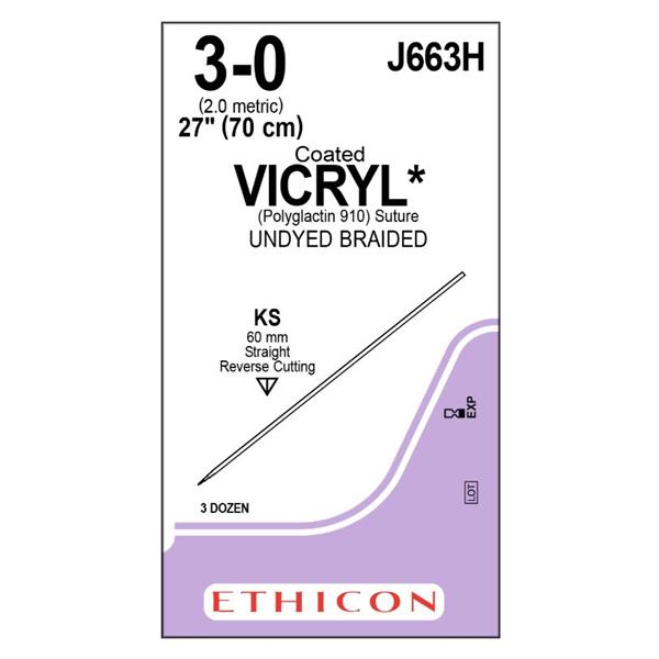 Ethicon Inc,a J & J Company Suture 3-0 Polyglactin 910 Ks Vicryl Undyed 27" Braid 36/Bx - J663H