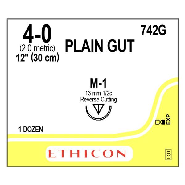 Ethicon Inc,a J & J Company Suture 4-0 Plain Gut M-1 Yellowish Tan 1X12" Monofilament 12/Bx - 742G