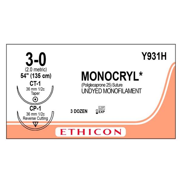 Ethicon Inc,a J & J Company Suture 3-0 Poliglecaprone 25 Ct-1 Monocryl Undyed 54" Monofilament 36/Bx - Y931H