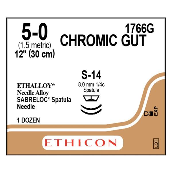Ethicon Inc,a J & J Company Suture 5-0 Chromic Gut S-14/S-14 Brown 12" Double Arm Monofilament 12/Bx - 1766G