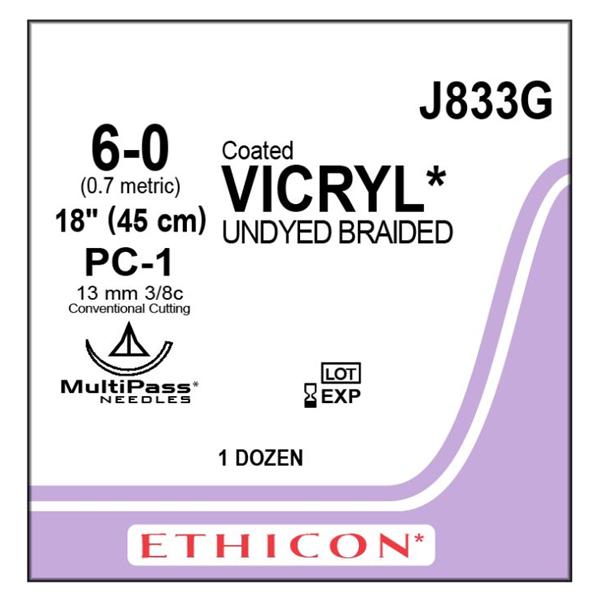 Ethicon Inc,a J & J Company Suture 6-0 Polyglactin 910 Pc-1 Vicryl Undyed 18" Braid 12/Bx - J833G