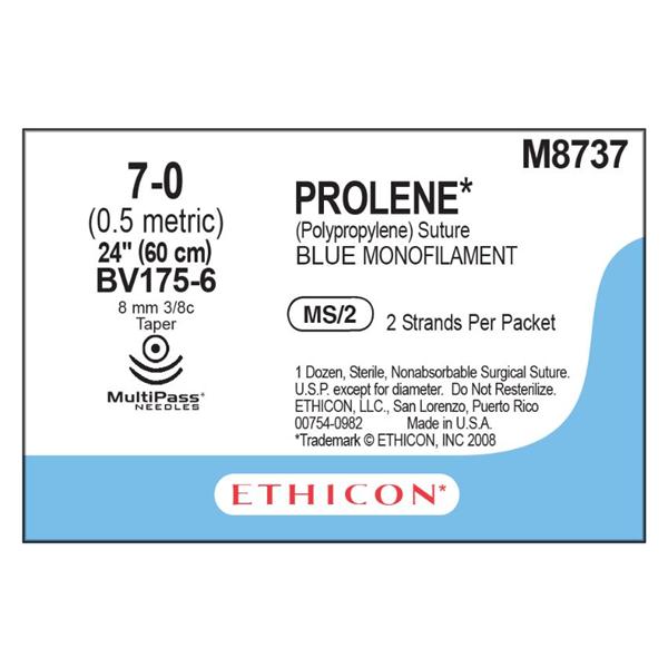 Ethicon Inc,a J & J Company Suture 7-0 Pp Bv175-6/Bv175-6 Prolene Blue 2-24" Double Arm Monofilament 12/Bx - M8737
