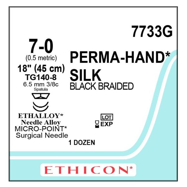 Ethicon Inc,a J & J Company Suture 7-0 Silk Tg140-8/Tg140-8 Perma-Hand Black 18" Double Arm Braid 12/Bx - 7733G