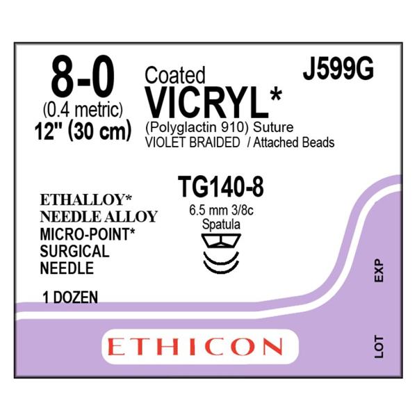 Ethicon Inc,a J & J Company Suture 8-0 Pg910 Tg140-8/Tg140-8 Vicryl Violet 12" Double Arm Braid 12/Bx - J599G