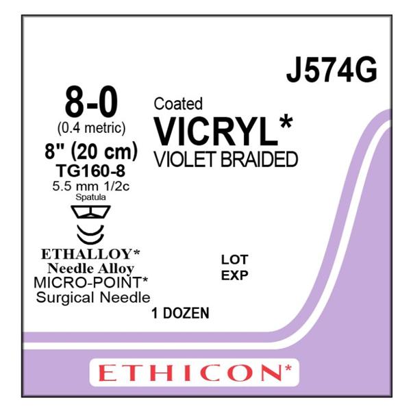 Ethicon Inc,a J & J Company Suture 8-0 Pg910 Tg160-8/Tg160-8 Vicryl Violet 1X8" Double Arm Braid 12/Bx - J574G