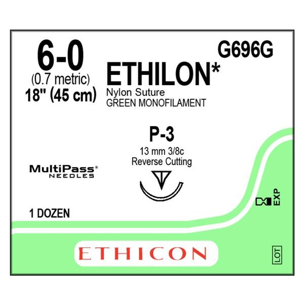 Ethicon Inc,a J & J Company Suture 6-0 Nylon P-3 Ethilon Green 18" Monofilament 12/Bx - G696G