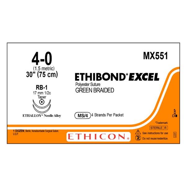 Ethicon Inc,a J & J Company Suture 4-0 Polyester Rb-1 Ethibond Excel Green 30" Braid 12/Bx - MX551