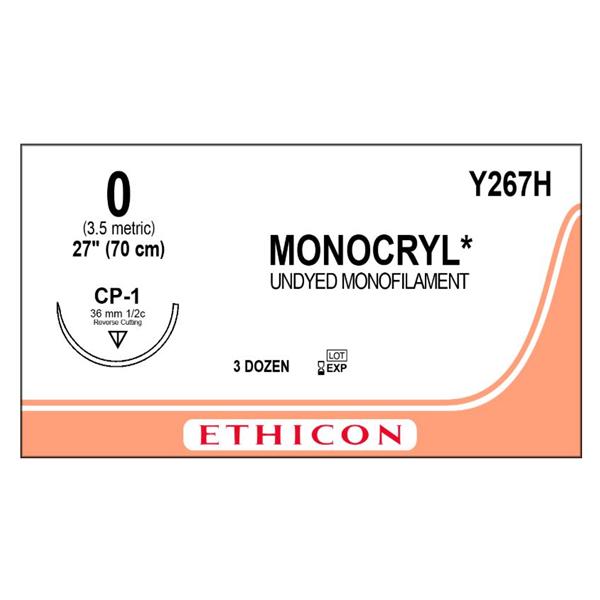 Ethicon Inc,a J & J Company Suture 0 Poliglecaprone 25 Cp-1 Monocryl Undyed 27" Monofilament 36/Bx - Y267H