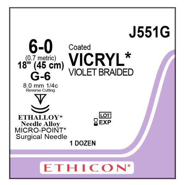 Ethicon Inc,a J & J Company Suture 6-0 Polyglactin 910 G-6/G-6 Vicryl Violet 1X18" Double Arm Braid 12/Bx - J551G