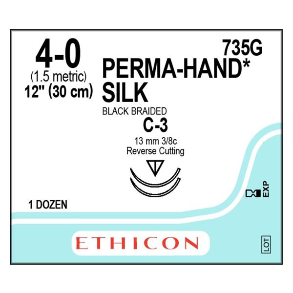 Ethicon Inc,a J & J Company Suture 4-0 Silk C-3/C-3 Perma-Hand Black 12" Double Arm Braid 12/Bx - 735G