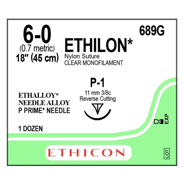 Ethicon Inc,a J & J Company Suture 6-0 Nylon P-1 Ethilon Undyed 18" Monofilament 12/Bx - 689G