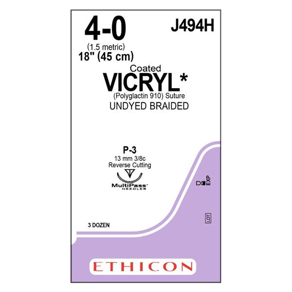 Ethicon Inc,a J & J Company Suture 4-0 Polyglactin 910 P-3 Vicryl Undyed 18" Braid 36/Bx - J494H