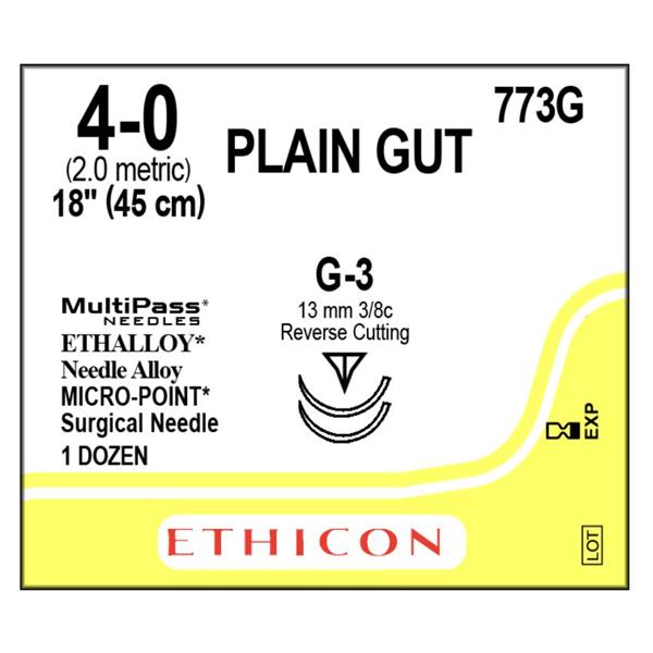 Ethicon Inc,a J & J Company Suture 4-0 Plain Gut G-3/G-3 Yellowish Tan 1X18" Double Arm Monofilament 12/Bx - 773G