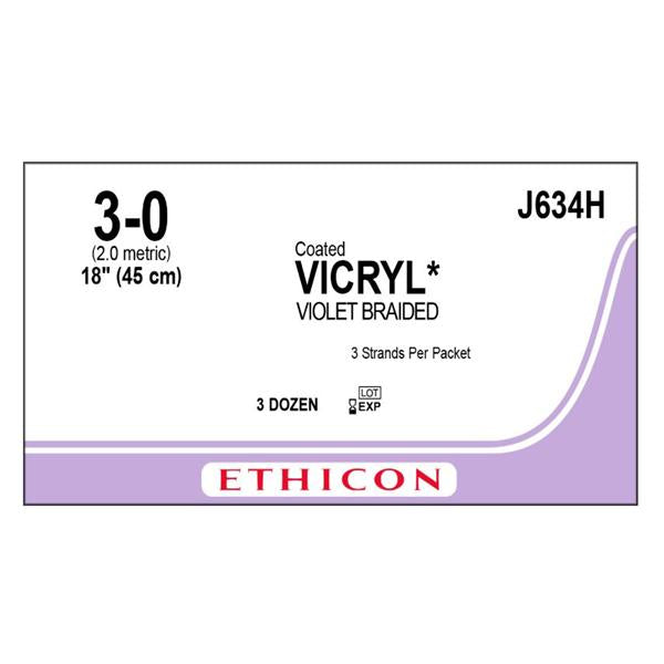 Ethicon Inc,a J & J Company Suture 3-0 Polyglactin 910 No Needle Vicryl Violet 3-18" Braid 36/Bx - J634H